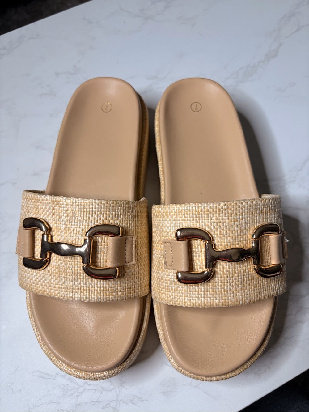 Neutral Raffia Slide Mules with Gold-Tone Hardware